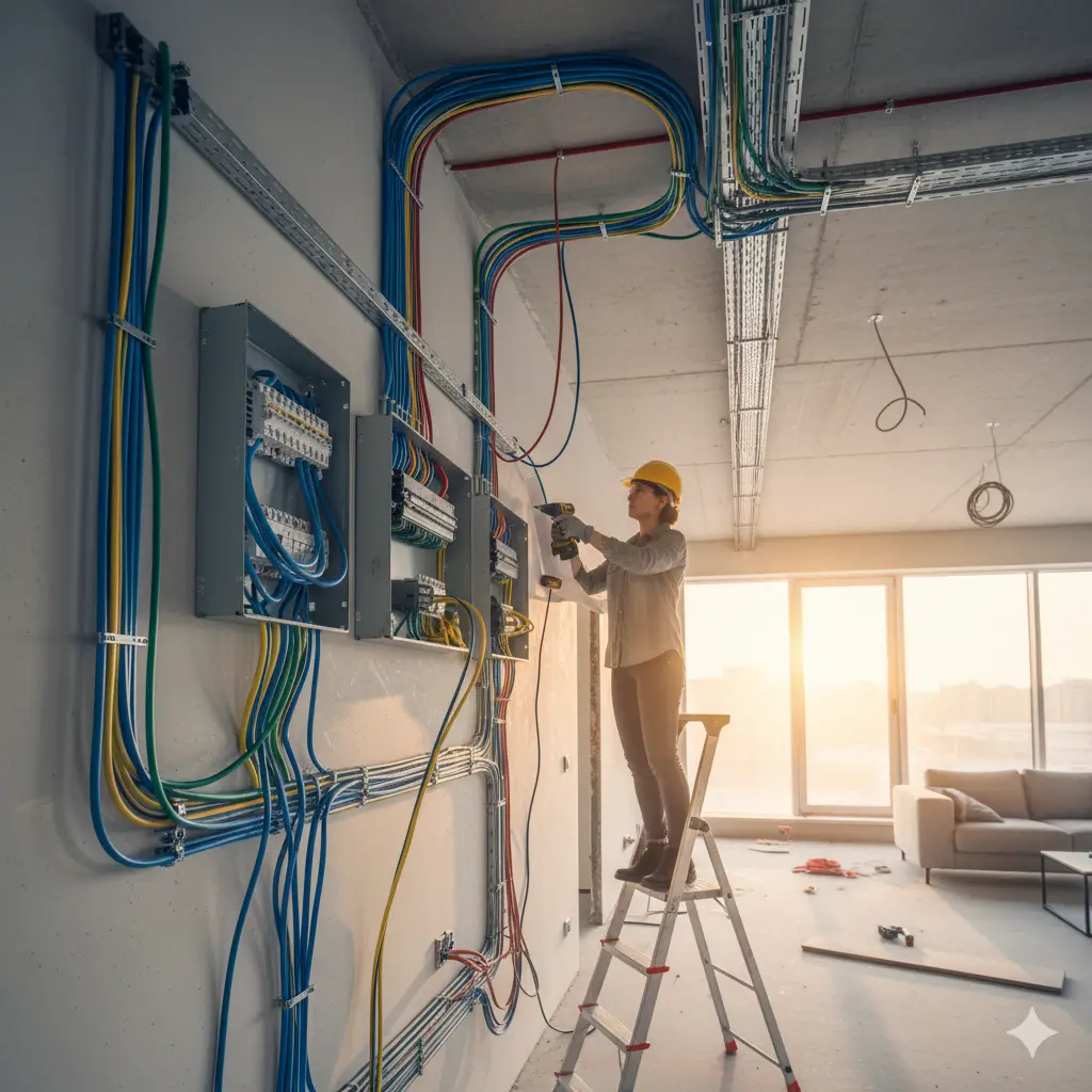 Profesjonalne instalacje elektryczne w nowym budynku - elektryk montujący skrzynki bezpieczników i kable.