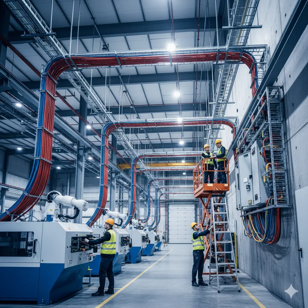 Przemysłowy montaż okablowania i paneli sterujących w hali produkcyjnej z widocznymi maszynami.